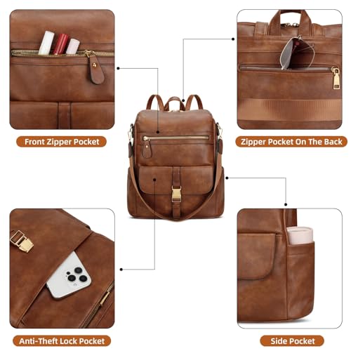 KKXIU Backpack Purse for Women - Multi-pocket Leather backpack for Travel, Work & School with Anti-Theft Lock Pocket, Luggage Strap & Water Bottle Pockets - 13x14x5.2 Inch (B-Brown) - color: B-brown