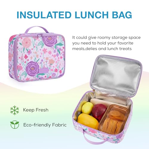 mommore Kids Backpack for Boys Girls 4-8 Kindergarten Elementary School Backpack with Lunch Box - 15” H Fit Folder - color: Purple Flower, style: 3 Pcs