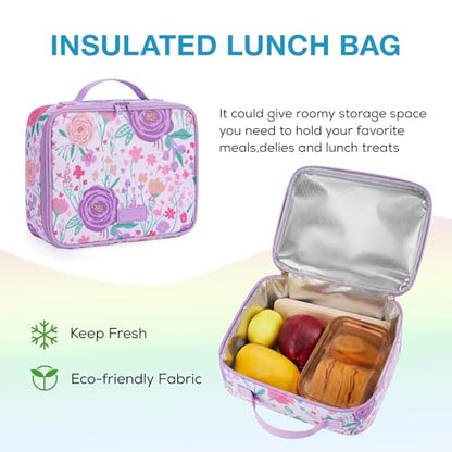 mommore Kids Backpack for Boys Girls 4-8 Kindergarten Elementary School Backpack with Lunch Box - 15” H Fit Folder - color: Purple Flower, style: 3 Pcs