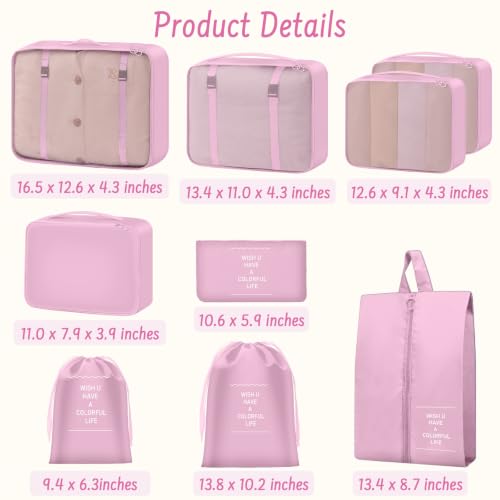9 Set Packing Cubes for Travel Essentials - Lightweight Carry-On Luggage Organizer Bags with Shoe, Clothes & Laundry Bags for Airplane, Family & Business Travel, Pink - color: Pink