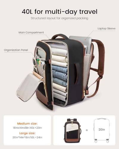 LOVEVOOK Travel Backpack for Women, 40L Carry On Backpack Flight Approved, Large Personal Item Bag Fits 17 inch Laptop, TSA Approved Luggage with 3 Packing Cubes,Waterproof Weekender Gym Essentials - color: Beige-brown, size: 40L