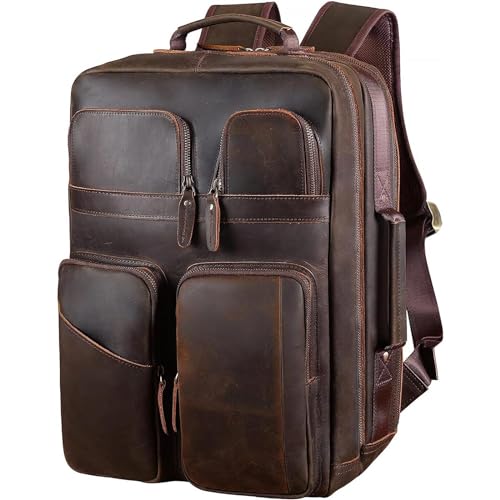 TIDING 17.3" Full Grain Leather Laptop Backpack for Men Multi Pockets Casual Daypack Business Travel Rucksack - color: Dark Brown