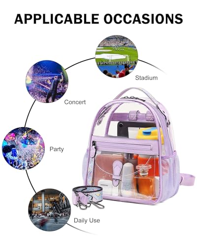FADEON Clear Small Backpack Purse for Women, Designer Transparent Shoulder Handbag, PVC Mini Clear Bag for Stadium Approved - color: Purple Retro Style
