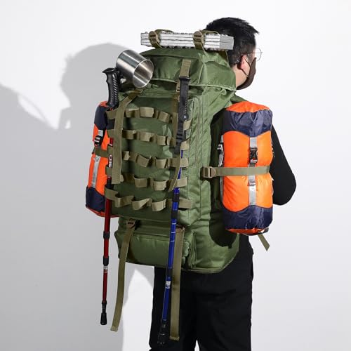 70L/100L Camping Hiking Backpack with Rain Cover, Expandable Large Military Tactical Backpack, Waterproof Molle Racksack Travel Backpacking Daypack for Climbing Trekking (Green) - color: Green