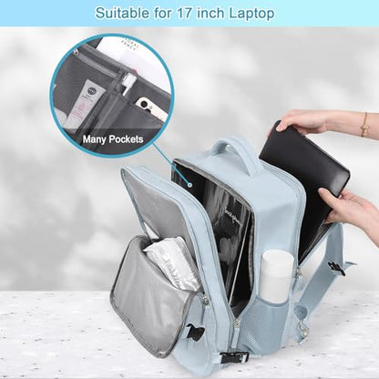 Sinaliy Large Expandable Travel Backpack for Men and Women, 17 Inch Laptop, Waterproof, Casual, College, Business, Hiking, Camping - color: Light Blue