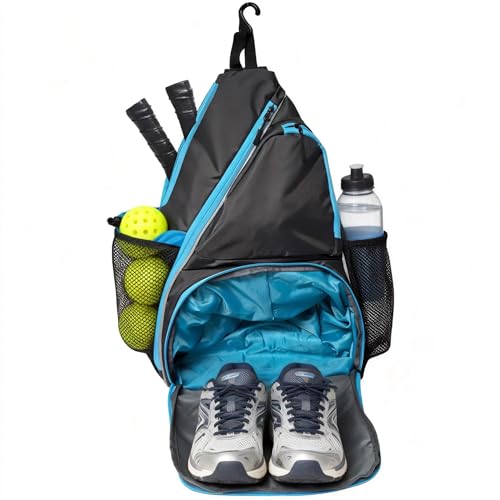 Pickleball Sling Bag with Shoe Compartment - Crossbody Backpack Fits 2 Paddles, 32oz Bottle & Fence Hook, Sports Bag for Men & Women (Shoe Limit: up to US Men's 10 / Women's 11.5) - color: Grey/Blue
