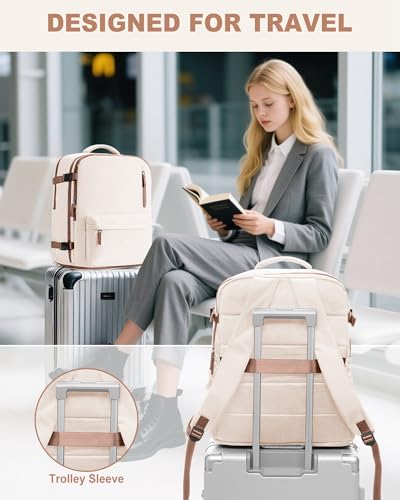 VECAVE 18x14x8 TSA-Approved Personal Item Backpack – Under Seat Carry-On Travel Bag for Women, Fits 15.6" Laptop, with Water Bottle & Shoe Pouch, Airline Travel Backpack Flight approved BeigeBrown - color: H9-beige, size: Large