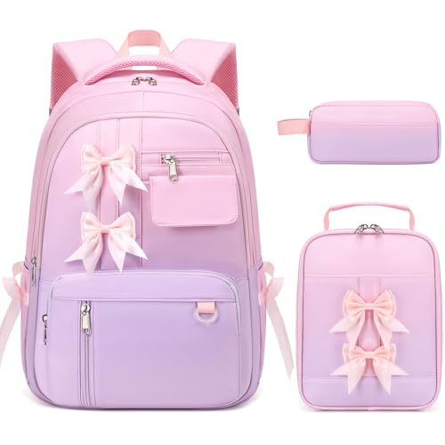 Bevalsa Backpack for Girls, Bow School Backpack for Kids with Lunch Bag & Pen Case, Cute Bookbag for Teens Girls Children for Elementary Middle High College Student, Back To School Gift (Pink Purple) - color: Pink Purple