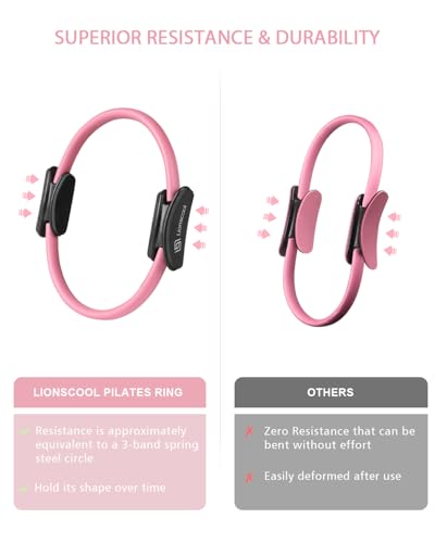 LIONSCOOL Pilates Ring Set – 14" Anti-Deformation Magic Circle with Padded Handles, Mini Ball, Resistance Bands, Guide & Bag - color: Pink Pro