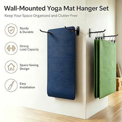 Yoga Mat Wall Mount Hanger ,Metal Yoga Mats Storage Rack, Home Gym Storage with 8 Clips, No-Roll Flat Storage for Folded/Rolled Mats, Foam Rollers, Towels, Resistance Bands, Black Wall Organizer for Gym, Yoga Studio, Bedroom