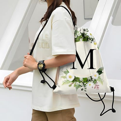 Initial Letter Drawstring Backpack String Sports Gym Bags Waterproof Sackpack Cute for Men Women Beach (13"×17") (Letter-M) - color: Letter-m