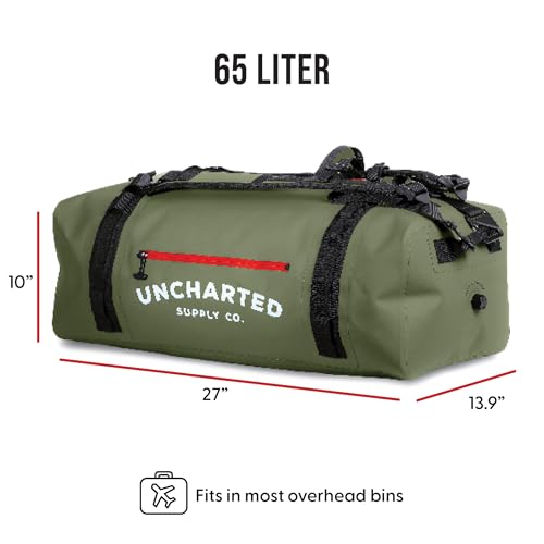 Uncharted Supply Co. The Vault Waterproof Duffel Bag - Airtight bag with Backpack Straps, Carry-On Size, Perfect for travel, boating, camping, recreation. (Olive, 65L) - color: Olive, size: 65L