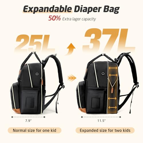 Diaper Bag Backpack - Extra Large Diaper Bag for 2 Kids Twin, Travel Baby Bags for Mom Dad 25-37L Expandable with Changing Pad Earphone Hole, Solid Black - color: Solid Black