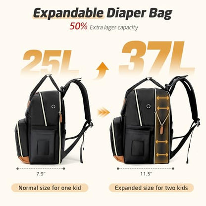 Diaper Bag Backpack - Extra Large Diaper Bag for 2 Kids Twin, Travel Baby Bags for Mom Dad 25-37L Expandable with Changing Pad Earphone Hole, Solid Black - color: Solid Black