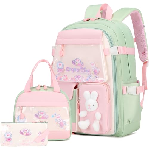FIXITOK Girls Backpack Set, 3PCS School Backpack for Girls, Kawaii Bunny Kids Backpacks for Girl Kindergarten Elementary School Preschool Travel Daycare Bookbag with Lunch Box Pencil Box Green - color: Green