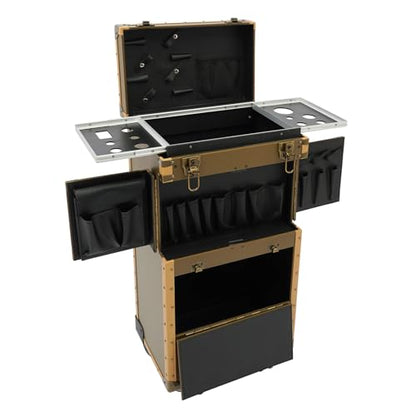 Cosmetic Train Case,Rolling Makeup Train Case,Travel Stylist Case Lockable Hairdressing Trolley,Professional Makeup Case for Make-up Artists - color: Gold