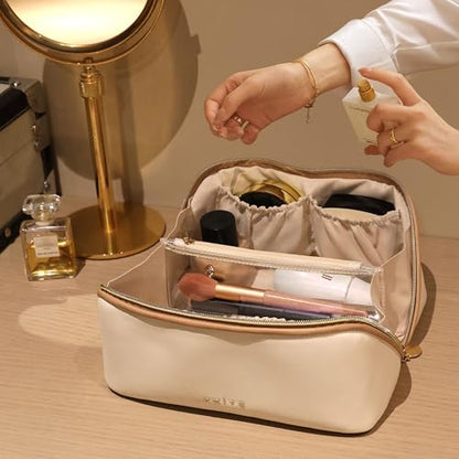 Prite Makeup Bag for Women Travel Waterproof Vegan Leather Cosmetic Bag Open Flat Toiletry Bag With Clear Divider and Handle (Beige, Large) - color: Beige, size: Large