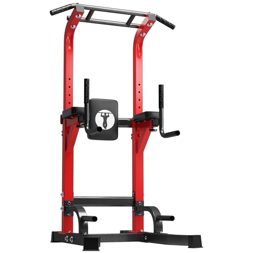 DlandHome Power Tower Pull Up Bar Station, Heavy Duty Pull Up Dip Station Adjustable Height for Home Gym Strength Training Equipment, 330LBS Weight Capacity - color: Red