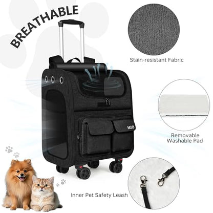 MGB Rolling Cat Carrier with Wheels: Dog Carrier for Small Dogs & Large Cats, Large Cat Carrier with YKK Zipper, Large Capacity, Breathable Mesh, Side Pocket, Black (Not for Airline) - color: Black