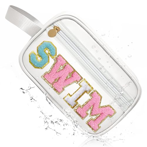 COSHAYSOO Clear SWIM Bag Waterproof Valentines Grab Bag Gifts for Women Teen Girls Swimmer Team Coach, Swimming Pool Accessories Organizer Transparent Makeup Toiletry Bag Beach Travel Cosmetic Pouch - color: White-SWIM