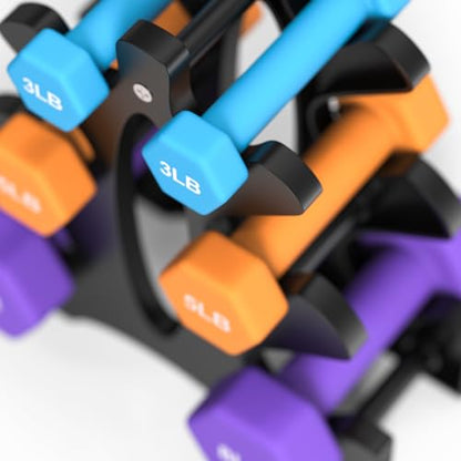Portzon Weights Dumbbells Set 3, 5, 8, and 10 Pound Neoprene Dumbbell Free Hand Weight Set with Rack, Ideal for Home Exercises, 32 LB, Anti-Slip, Anti-roll, Hex Shape - color: Blue+Orange+Black
