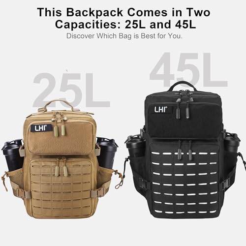 LHI Tactical Military Backpack for Men 25L/45L Large Molle Army Assault Pack 3 Day Hiking Rucksack With Bottle Holder - color: Khaki With Bottle Holder, size: 25L