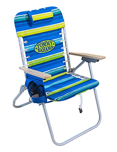 Tommy Bahama Hi-Boy 17" Seat Height 4-Position Lace-Up Suspension Folding Beach Backpack Chair - color: Green and Blue Stripe, style: 1-Pack