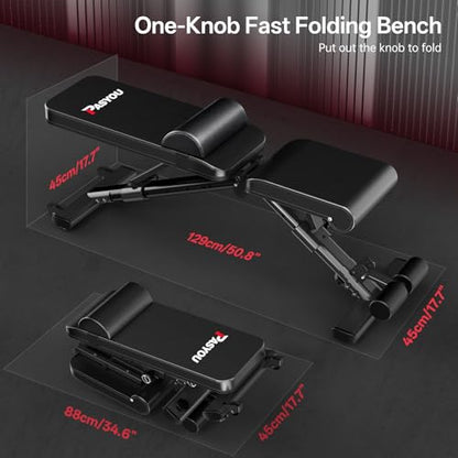 PASYOU Adjustable Weight Bench, 880 lb Capacity - Weight Bench Foldable, Incline Decline Flat Press Bench, with Lumbar Support, Compact Weight Benches for Home Gym, Suitable for Small Spaces