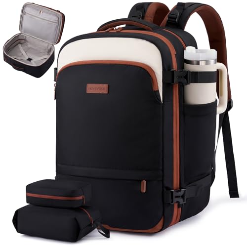 LOVEVOOK Travel Backpack for Women, 45L Expandable Large Carry On Backpack, Personal Item Travel Bag Flight Approved, Business Weekender Overnight Essentials Waterproof Back Pack, Fit 17 Inch Laptop - color: Black-beige-brown, size: 45L-17.3 Inch-3Pcs