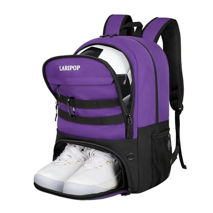 LARIPOP Soccer Backpack with Ball Holder & Shoe Compartment Large Capacity Sports Bag for Training - color: purple