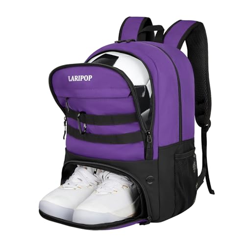 LARIPOP Soccer Backpack with Ball Holder & Shoe Compartment Large Capacity Sports Bag for Training - color: purple