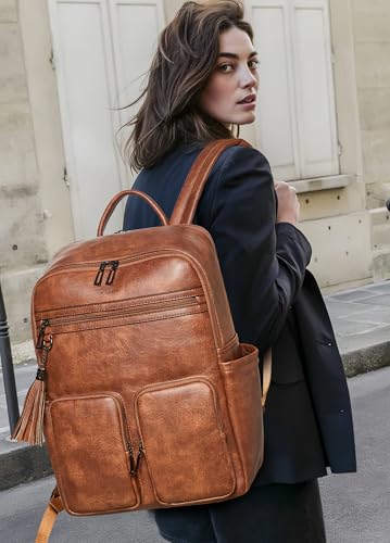 Shrrie 16 Inch Vegan Leather Laptop Backpack Purse for Women - color: Two-toned Brown