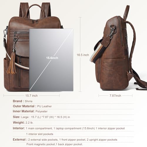 Shrrie Laptop Backpack for Women 15.6 inch,Travel Leather Backpack Purse Nurse Teacher Carry on Backpack Computer Bag,Professional Water-Resistant College Business Work Casual Daypack,Brown - color: Crazy Horse Brown01