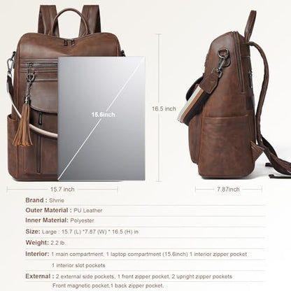 Shrrie Laptop Backpack for Women 15.6 inch,Travel Leather Backpack Purse Nurse Teacher Carry on Backpack Computer Bag,Professional Water-Resistant College Business Work Casual Daypack,Brown - color: Crazy Horse Brown01