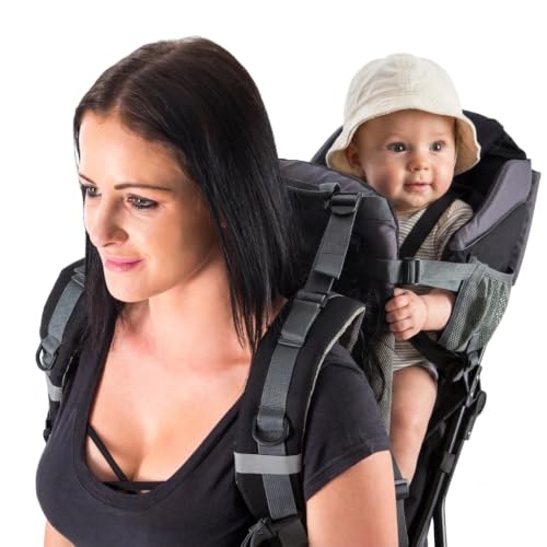 Hiking Baby Carrier Backpack - Comfortable Toddler/Baby Backpack Carrier System with Diaper Change Pad, Insulated Pocket + Rain and Sun Hood to Protect Your Child - color: Black/Grey