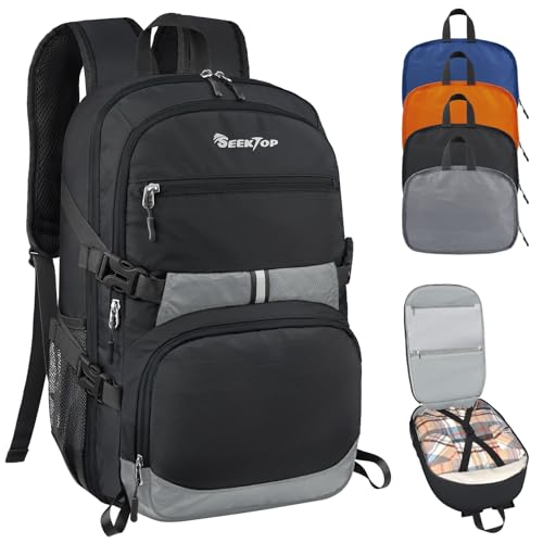Seektop Lightweight Travel Backpack for Men Women, Multiple Pockets 40L Hiking Backpack Foldable Carry on Backpack for Outdoor Camping Sport Leisure - color: Black