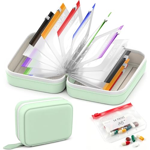 Waterproof Pill Pouch Set-14pcs Bags Inside,A8 Waterproof Pill Organizer Set,Travel Medicine Organizers,Leakproof Reusable Zippered Storage Case for Fish Oils, Vitamins(Green)
