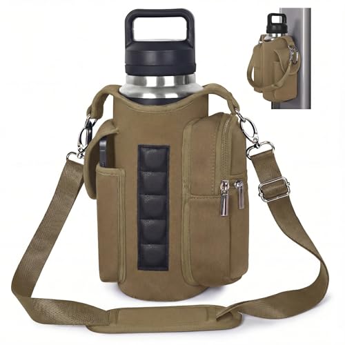 Magnetic Gym Tote,18-40oz Water Bottle Bag Holder,Neoprene Case Pouch with Phone Pocket,Men Women Workout Accessories - color: Khaki Brown