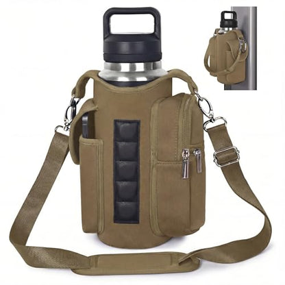 Magnetic Gym Tote,18-40oz Water Bottle Bag Holder,Neoprene Case Pouch with Phone Pocket,Men Women Workout Accessories - color: Khaki Brown