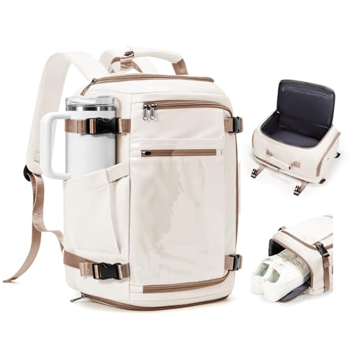 coofay Travel Backpack for Women Men, Carry on Backpack for Airplanes - color: Beige With Brown