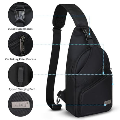AMJ Crossbody Sling Bag Men Women, Casual Shoulder Backpack, Chest Daypack Satchel for Hiking Travel - color: Black, size: Large