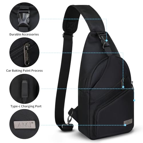 AMJ Crossbody Sling Bag Men Women, Casual Shoulder Backpack, Chest Daypack Satchel for Hiking Travel - color: Black, size: Small