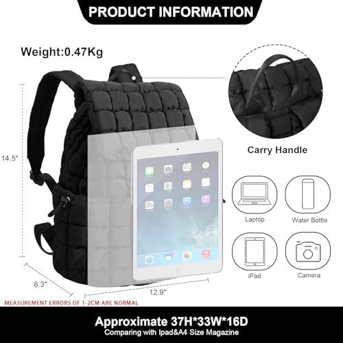 XSUIOY Quilted Backpack Purse for Women Small Lightweight Puffer Puffy College Laptop Backpack Nylon Casual Bookbag Daypack Top Flap Drawstring Padding Hiker Travel Gym Backpack(Black) - color: Black