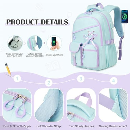 DIGOBAY Backpacks for Girls - 3PCS Girls Backpack with Lunch Box & Pencil Pouch School Backpacks for Elementary Middle High College School Bookbag for Teen Girl Kids Students Aquamarine-purple - color: Aquamarine-purple