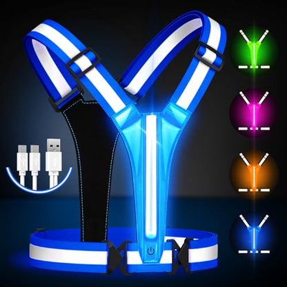 Fokia Kunbio LED Reflective Running Vest Gear,Light Up Vest Runners Night Walking USB Rechargeable,Up to 11hrs Light with Adjustable Waist/Shoulder for Women Men Kids - color: Bule