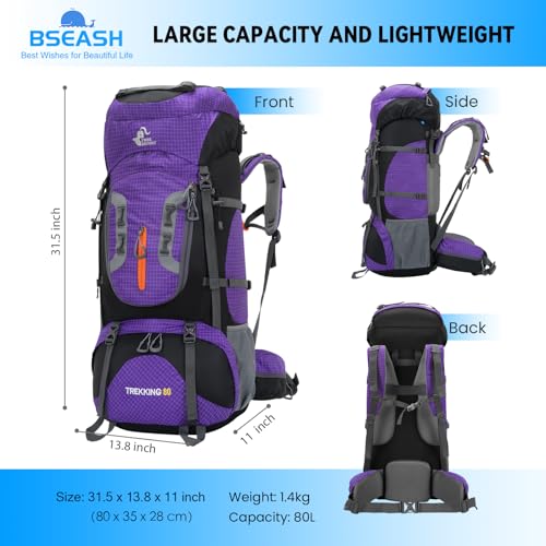 Bseash 80L Waterproof Hiking Camping Backpack with Rain Cover, Lightweight Outdoor Sport Travel Daypack for Climbing Touring (Purple) - color: Purple