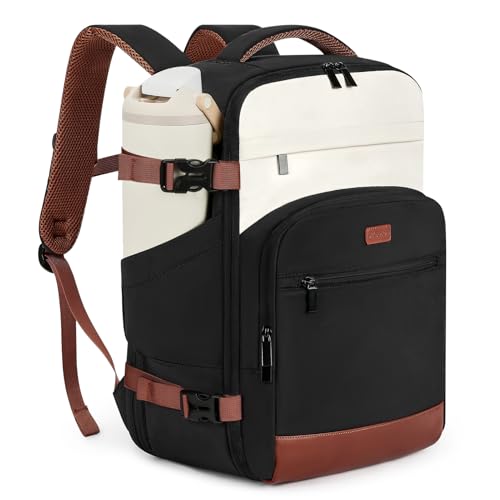mibasies 30L Travel Backpack for Women & Men: Flight Approved Carry On Backpack, TSA Personal Item Bag with Water Bottle Pocket, Weekender Essentials Backpacks fits 15.6" Laptop - Black White Brown - color: Black White Brown, size: Large
