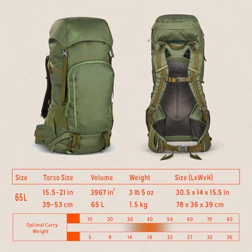 Kelty Asher Backpack, Daypack to Multi-Day Backpacking Capacity, Hiking, Lightweight Travel Pack, Internal Frame (65L Winter Moss) - color: Winter Moss/Dill, size: 65L