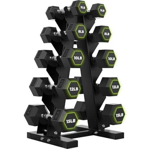 HANDBODE Rubber Coated Hex Dumbbell Set with A-Frame Rack, 100 lb - 600 lb Multiple Options Weight, Hexagon Non-Rolling Shape, Ergonomic Knurled Handle, Home Gym Equipment for Strength Training - style: 100 lb (5, 8, 10, 12, 15 lb) X 2 & Rack