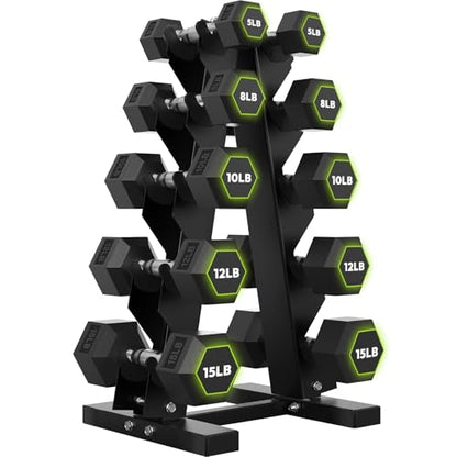 HANDBODE Rubber Coated Hex Dumbbell Set with A-Frame Rack, 100 lb - 600 lb Multiple Options Weight, Hexagon Non-Rolling Shape, Ergonomic Knurled Handle, Home Gym Equipment for Strength Training - style: 100 lb (5, 8, 10, 12, 15 lb) X 2 & Rack